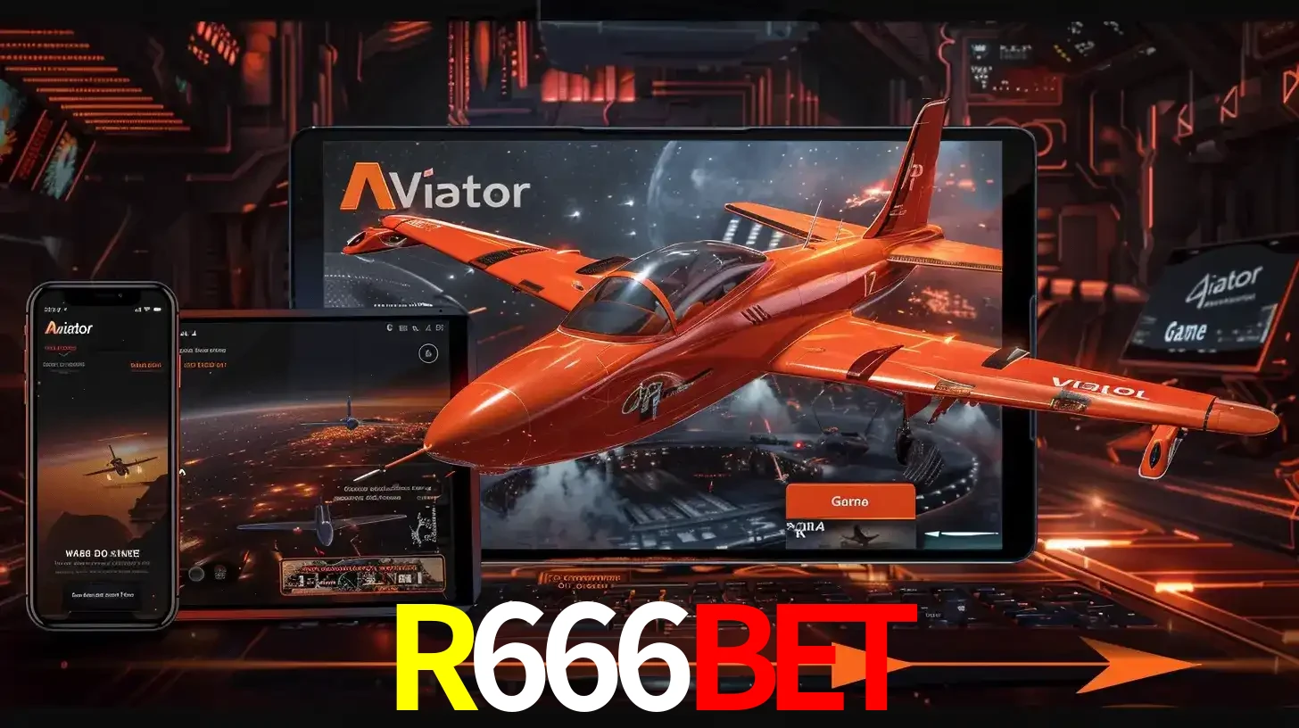 Apresentação tecnológica do jogo Aviator com um avião saindo da tela de um tablet, demonstrando a experiência imersiva em múltiplos dispositivos no R666BET.