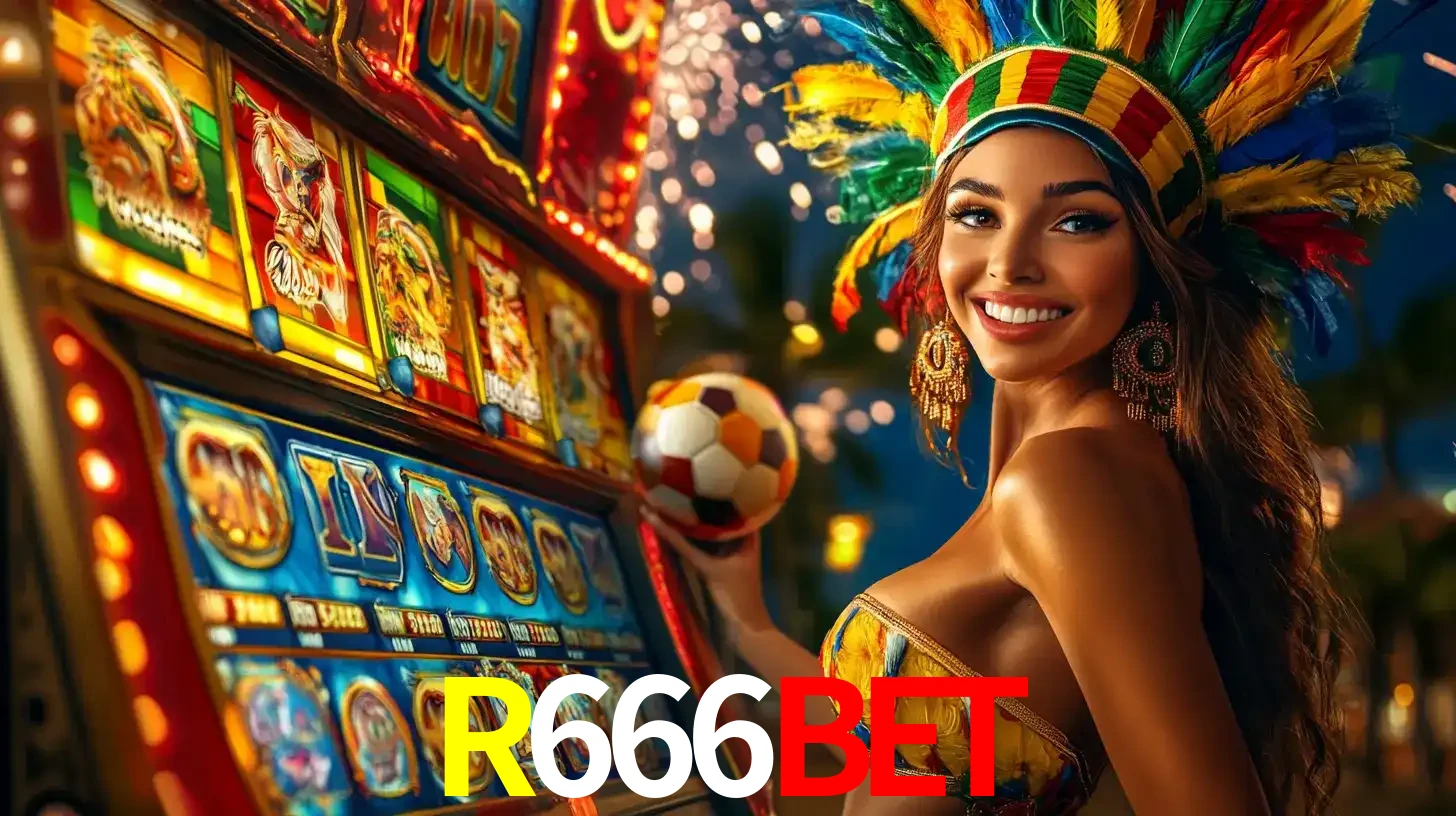 Mulher com um cocar de carnaval ao lado de uma máquina de caça-níqueis enquanto segura uma bola de futebol, mostrando a união da diversão de cassino e esportes no R666BET.