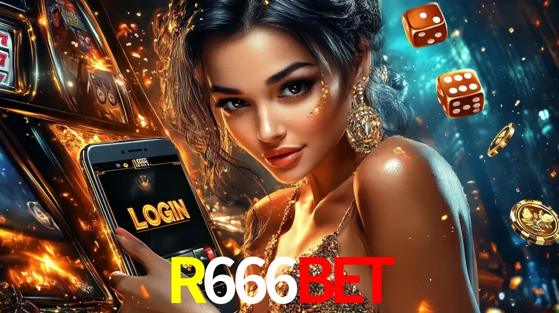 Mulher glamourosa segurando um celular com a tela de login do cassino R666BET, rodeada por dados e moedas douradas, pronta para começar a diversão.
