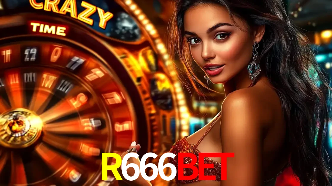 Mulher ao lado da roda de prêmios do jogo de cassino ao vivo Crazy Time, um dos shows de jogos mais emocionantes oferecidos pela plataforma de apostas R666BET.