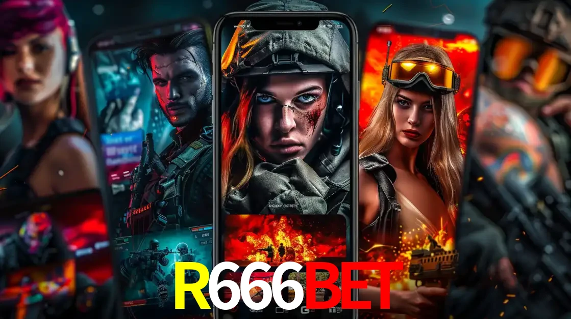 Montagem de telas de celular mostrando diversos personagens, masculinos e femininos, de um jogo de tiro, ilustrando a diversidade de equipes de e-sports para apostar no R666BET.