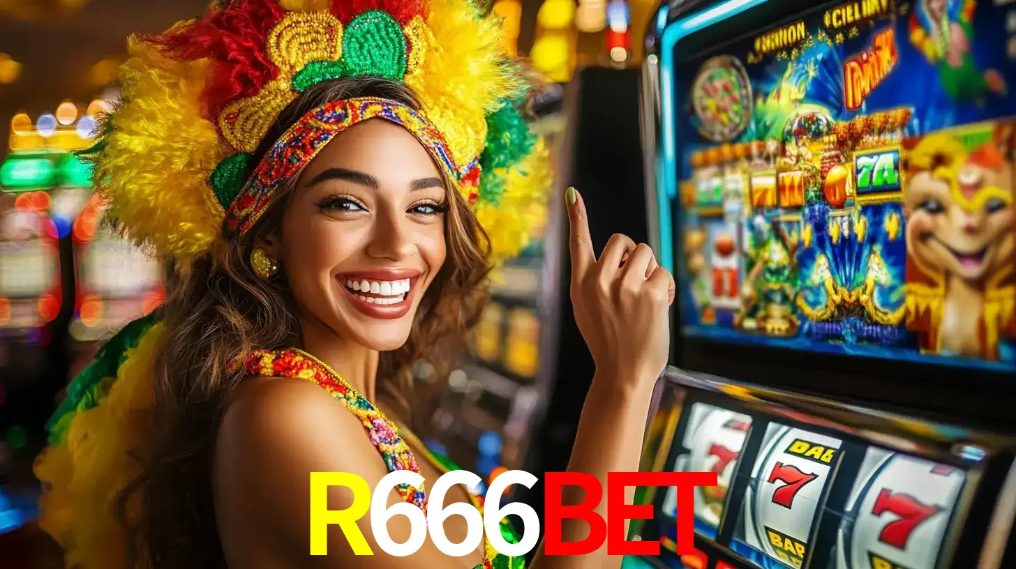 Mulher animada com um cocar de carnaval apontando para uma máquina de caça-níqueis, mostrando a emoção de ganhar um grande prêmio nos jogos do R666BET.