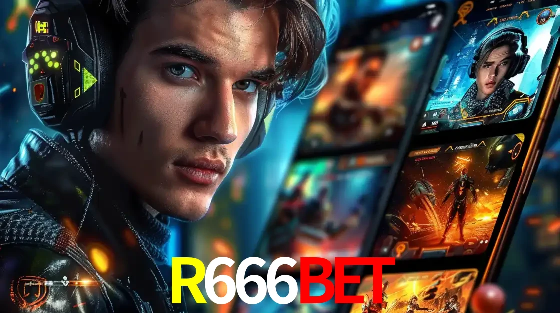 Jovem jogador com fones de ouvido olhando para a câmera, com um aplicativo de jogos e e-sports para celular ao fundo, pronto para a competição e apostas no R666BET.