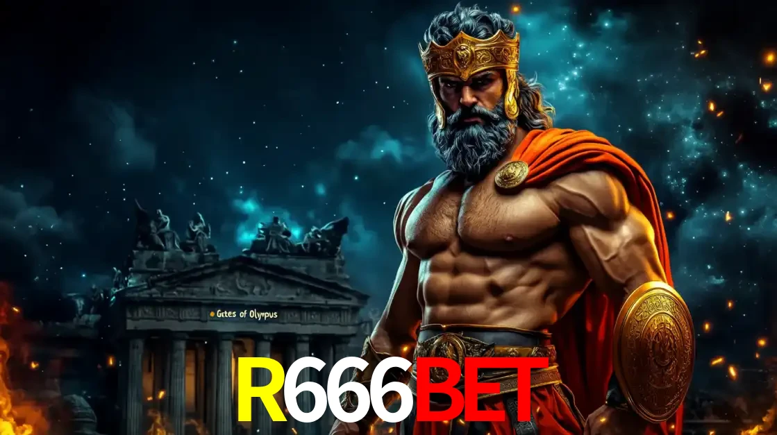 O poderoso Zeus do jogo de slot Gates of Olympus em frente ao seu templo, pronto para lançar multiplicadores divinos e prêmios épicos no cassino online R666BET.