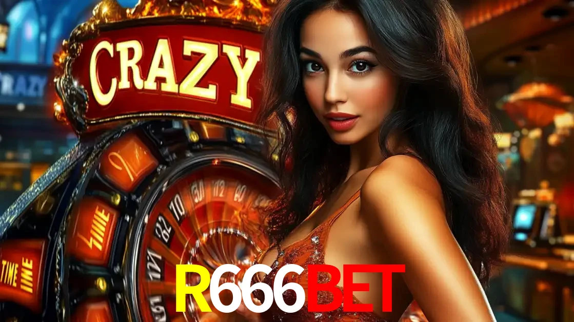 Mulher glamourosa olhando para a câmera com a roda vermelha do Crazy Time ao fundo em um ambiente de cassino, destacando a emoção dos jogos ao vivo no R666BET.