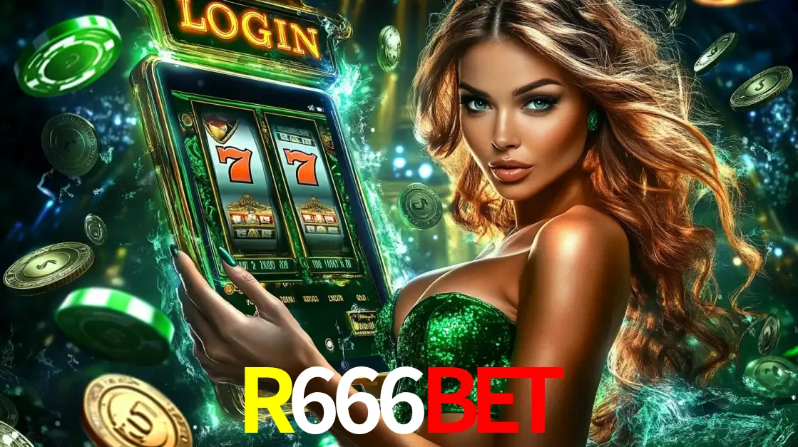 Mulher com tema verde apresentando o aplicativo do cassino R666BET com um jogo de slot de 777, cercada por fichas de cassino e uma aura de sorte.