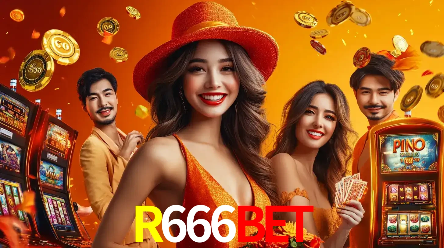 Grupo de amigos asiáticos sorrindo e se divertindo com máquinas de caça-níqueis em um ambiente festivo, celebrando suas vitórias nos jogos de cassino do R666BET.