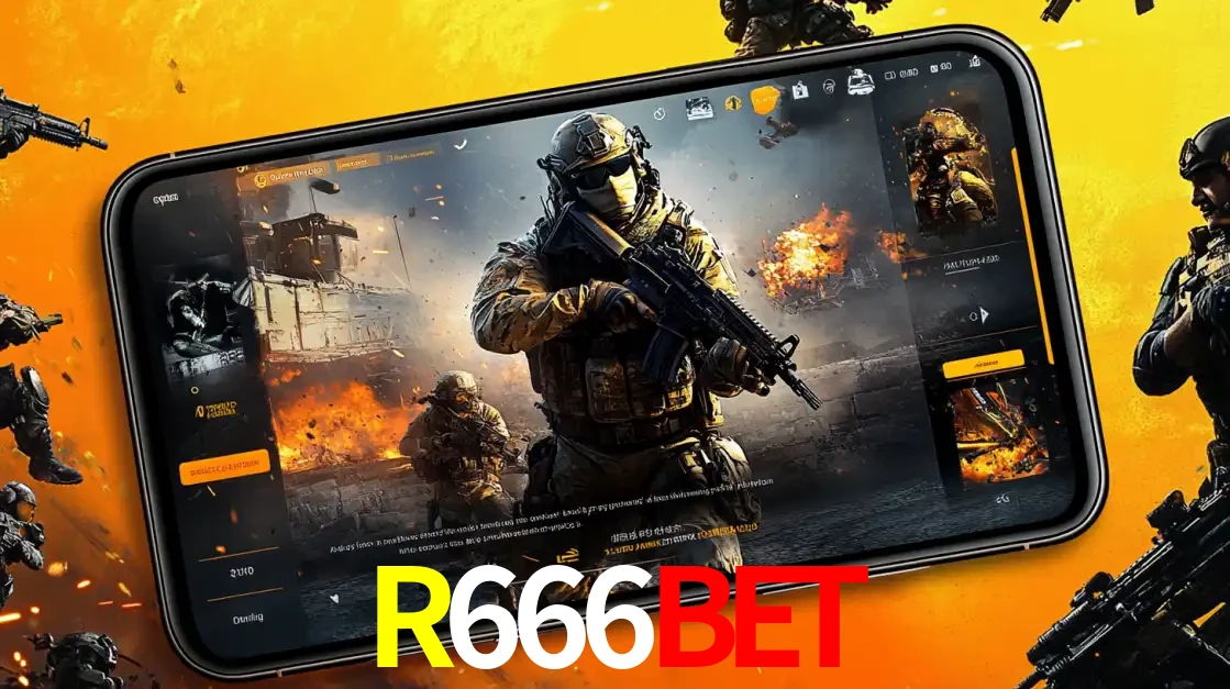 Um smartphone exibindo a interface de um jogo de tiro em primeira pessoa, com um soldado em um cenário de batalha, representando a ação dos e-sports para apostar no R666BET.