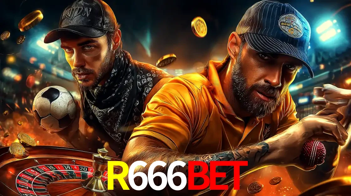 Montagem de apostas esportivas e cassino no R666BET, com um homem segurando uma bola de futebol e outro uma de beisebol sobre uma roleta e moedas voadoras.