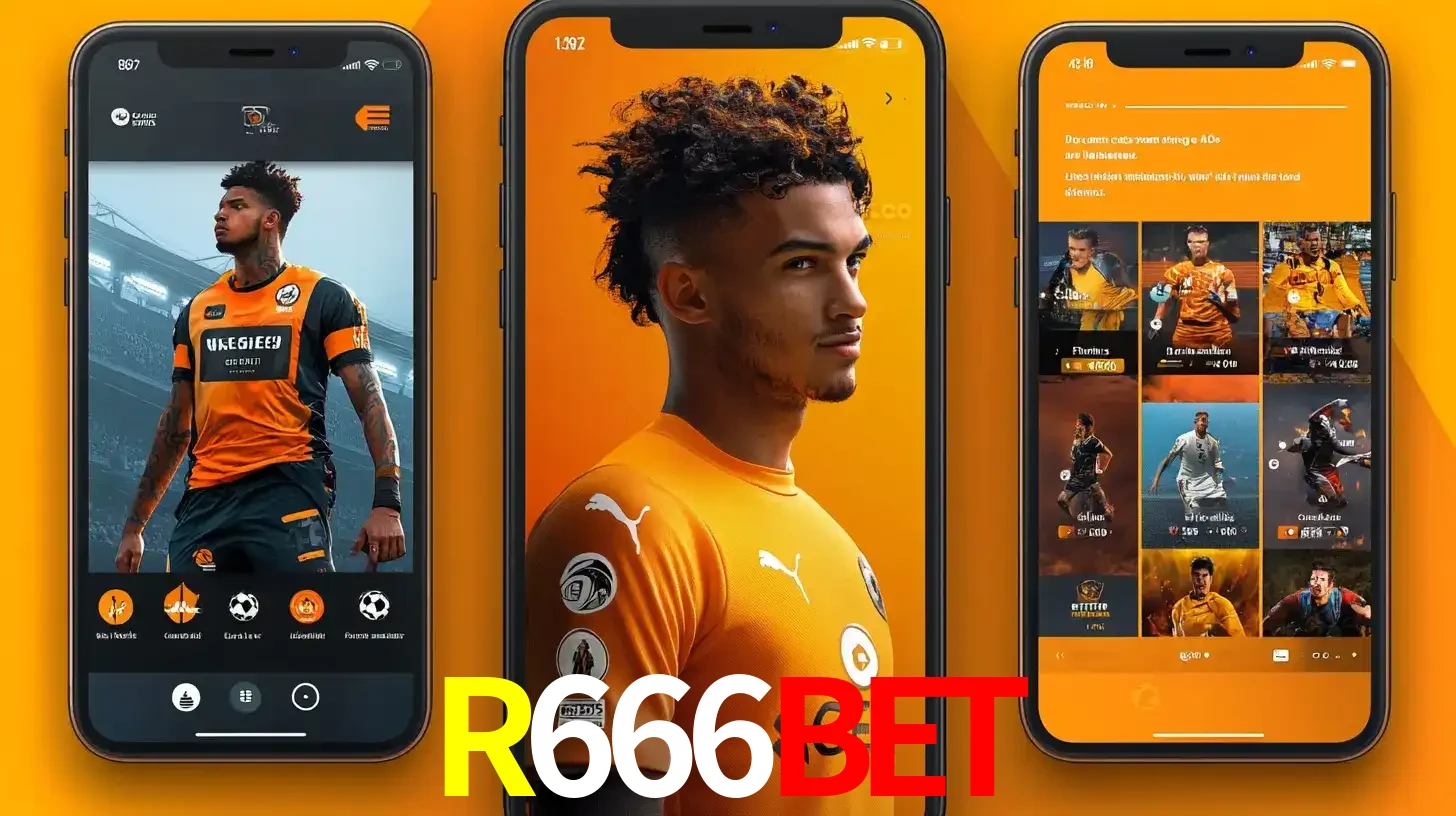 Interface do aplicativo de apostas esportivas R666BET em três telas de celular, mostrando o perfil de um jogador de futebol e a lista de jogos disponíveis para apostar.