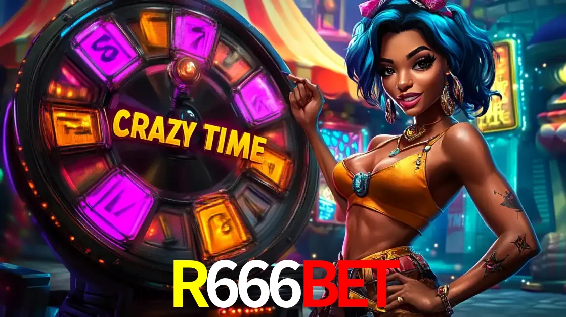 Mulher estilizada com cabelo azul e visual vibrante posando ao lado da roda de prêmios do game show Crazy Time, convidando para a diversão e os bônus do cassino R666BET.