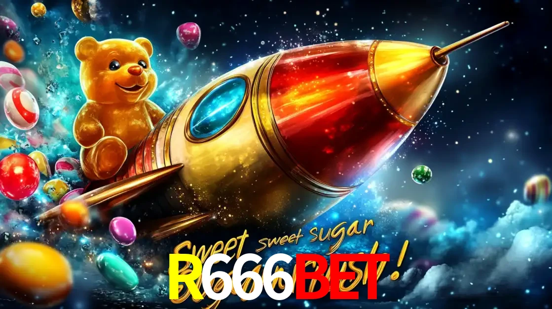 Arte promocional do jogo de slot Sugar Rush, com um urso de pelúcia em um foguete viajando pelo espaço de doces, um dos jogos divertidos disponíveis no cassino R666BET.