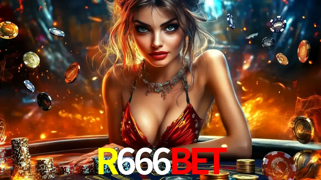 Mulher em uma mesa de cassino com pilhas de fichas e um fundo de fogo, pronta para uma rodada de altas apostas nos jogos de mesa emocionantes do cassino R666BET.