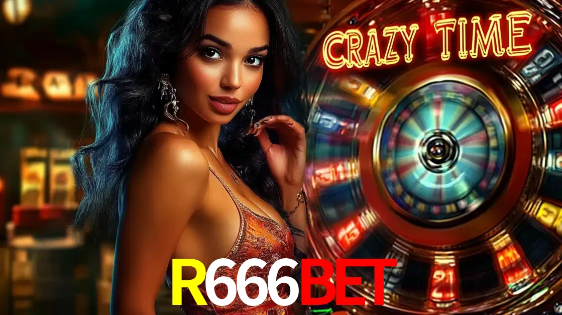 Mulher elegante ao lado da vibrante roda da fortuna do jogo de cassino ao vivo Crazy Time, um dos game shows mais populares e cheios de prêmios do R666BET.