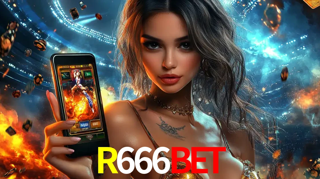 Mulher segurando um celular com um jogo de slot em destaque, tendo como fundo um estádio vibrante, simbolizando a emoção de jogar no cassino móvel R666BET.