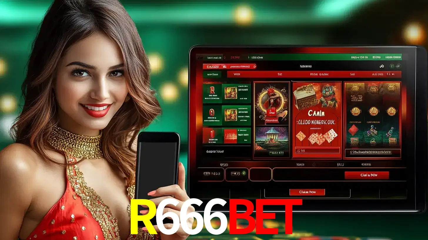 Mulher sorridente segurando um smartphone, ao lado de uma tela exibindo o lobby de jogos do cassino online R666BET, com várias opções de jogos de cartas e slots.